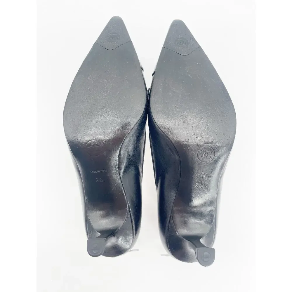Chanel Vintage Black Leather Patent Cap Toe CC Bow Pointed Toe Pumps Heels EU 36